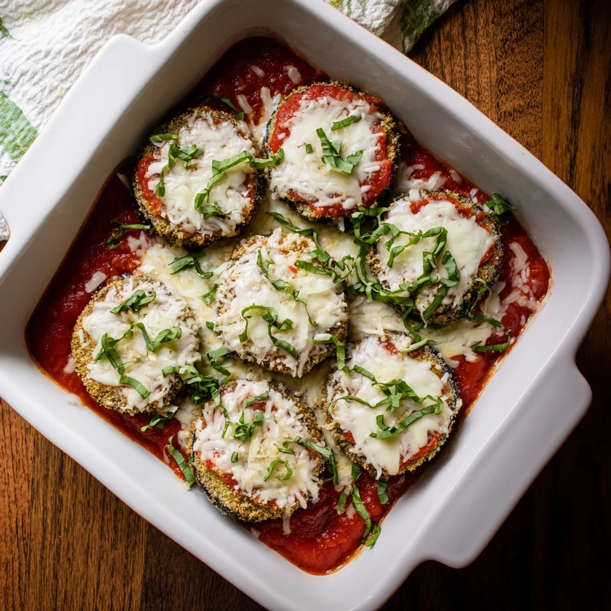 Italian-American baked eggplant parmesan casserole topped with golden brown cheese and fresh green basil garnish