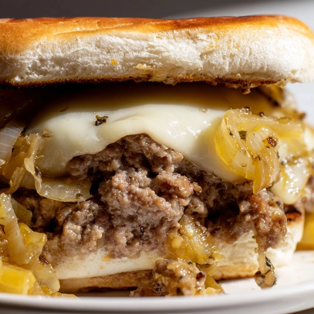 French Onion Beef Sloppy Joes piled on toasted buns with melted provolone cheese