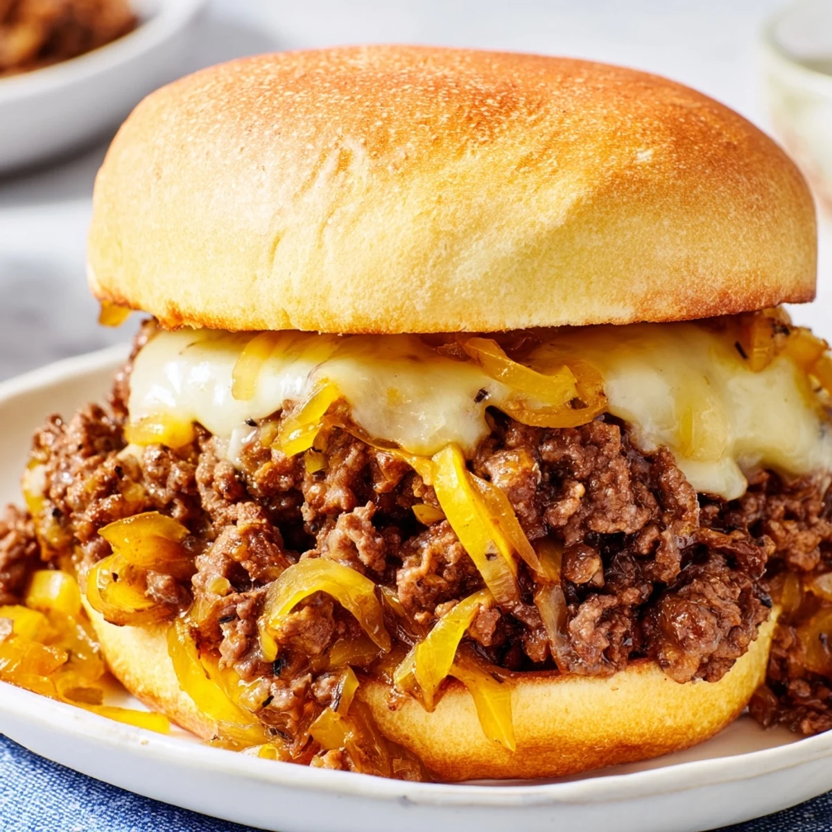 Heaping spoonfuls of French Onion Beef Sloppy Joes topped with bubbling Swiss cheese slices