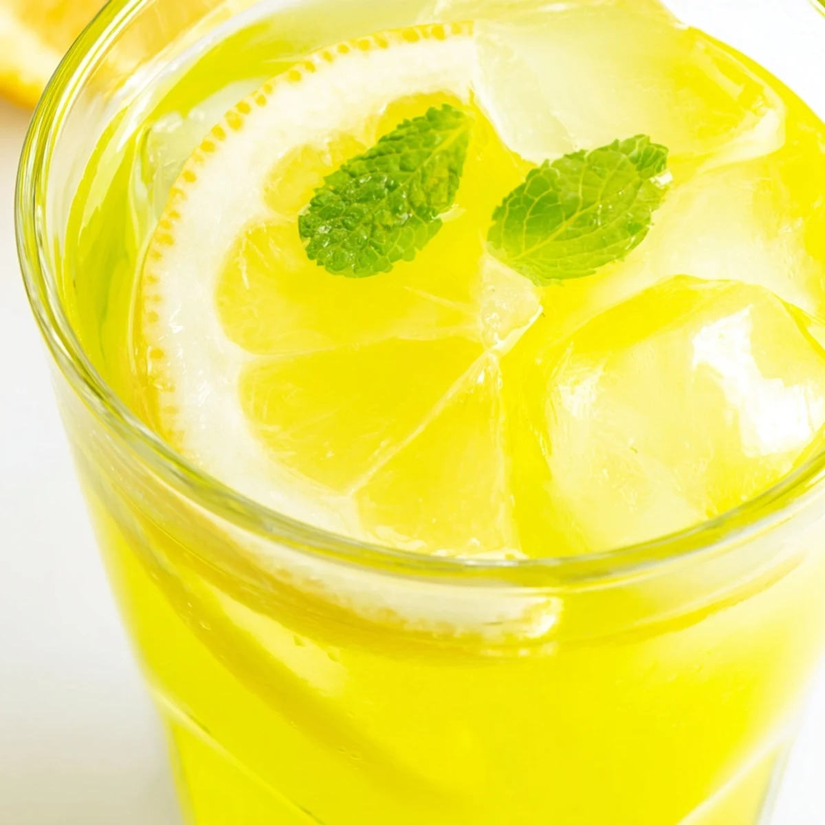 Fresh homemade lemonade served in a clear pitcher with ice cubes and lemon slices on top.