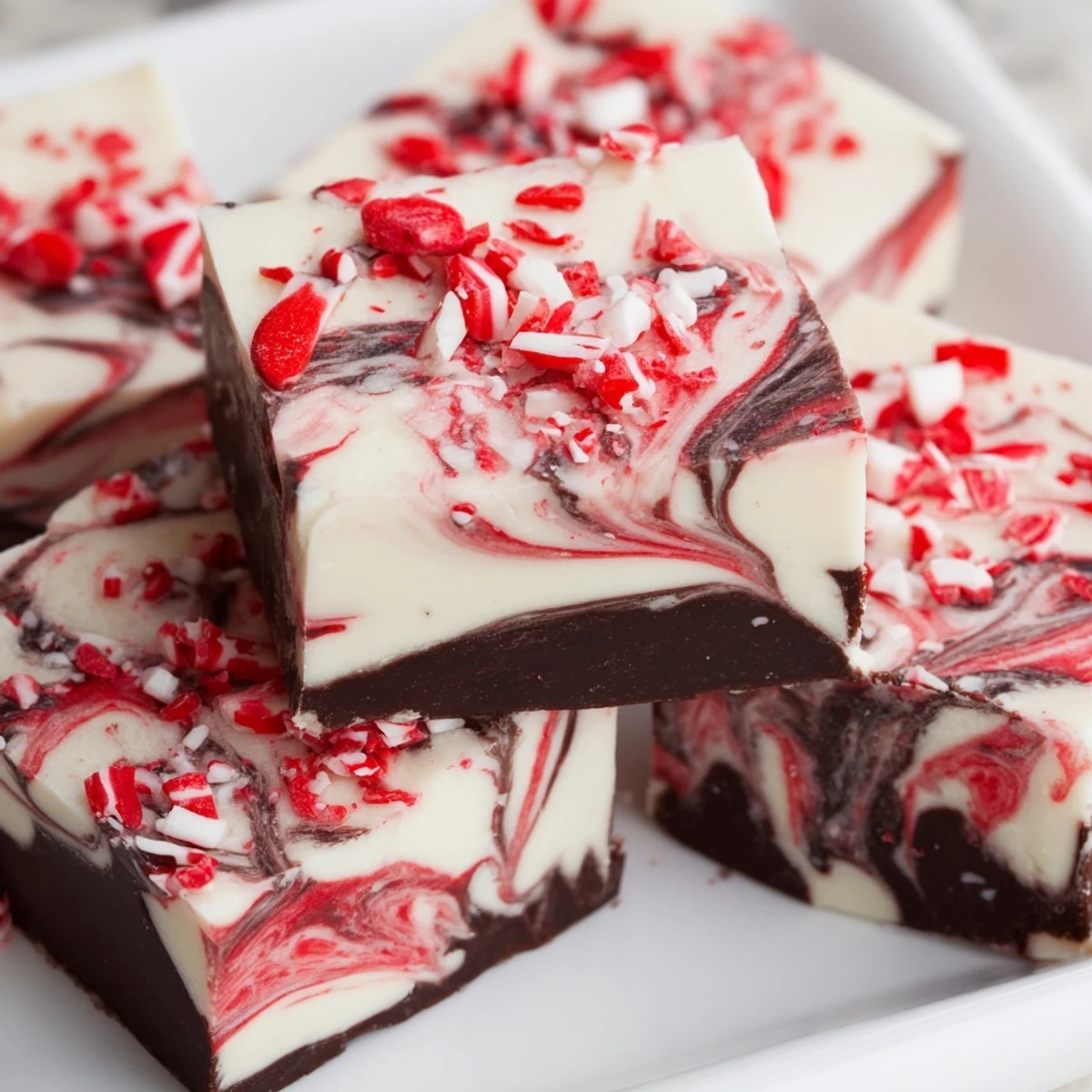 Creamy homemade peppermint swirl fudge displayed with marbled red and white chocolate layers