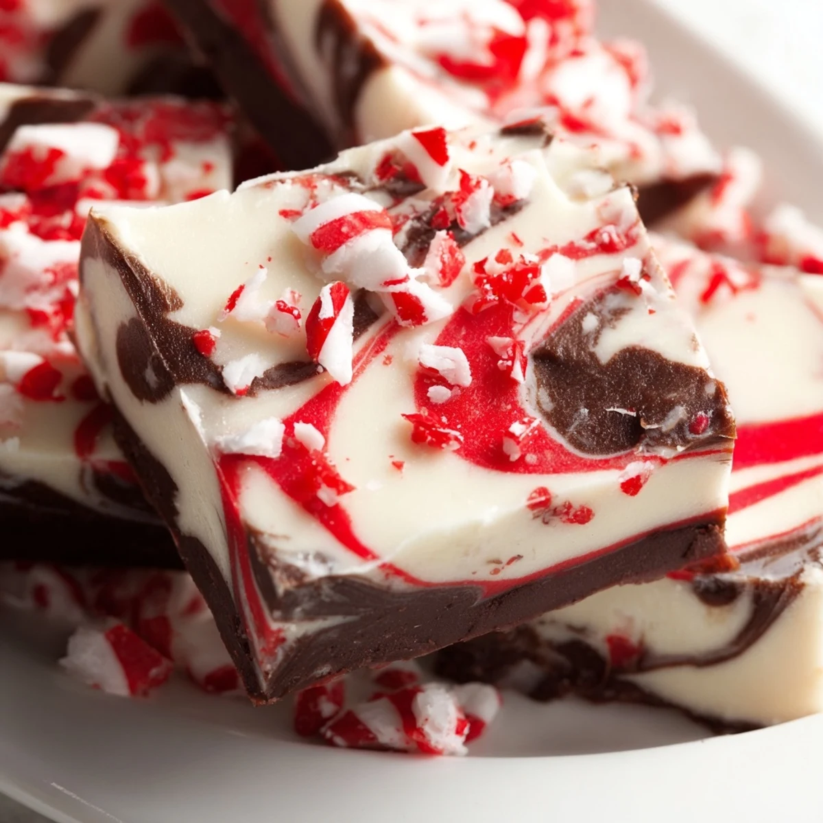 Festive peppermint swirl fudge squares topped with crushed candy cane pieces on white plate