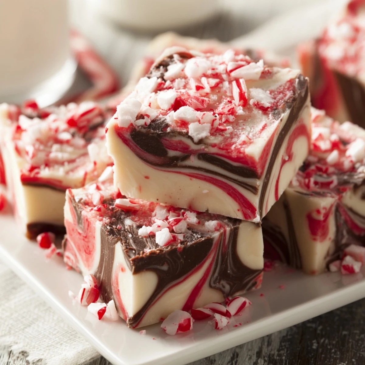 Rich peppermint swirl fudge showing swirled pattern and peppermint candy garnish for holiday desserts