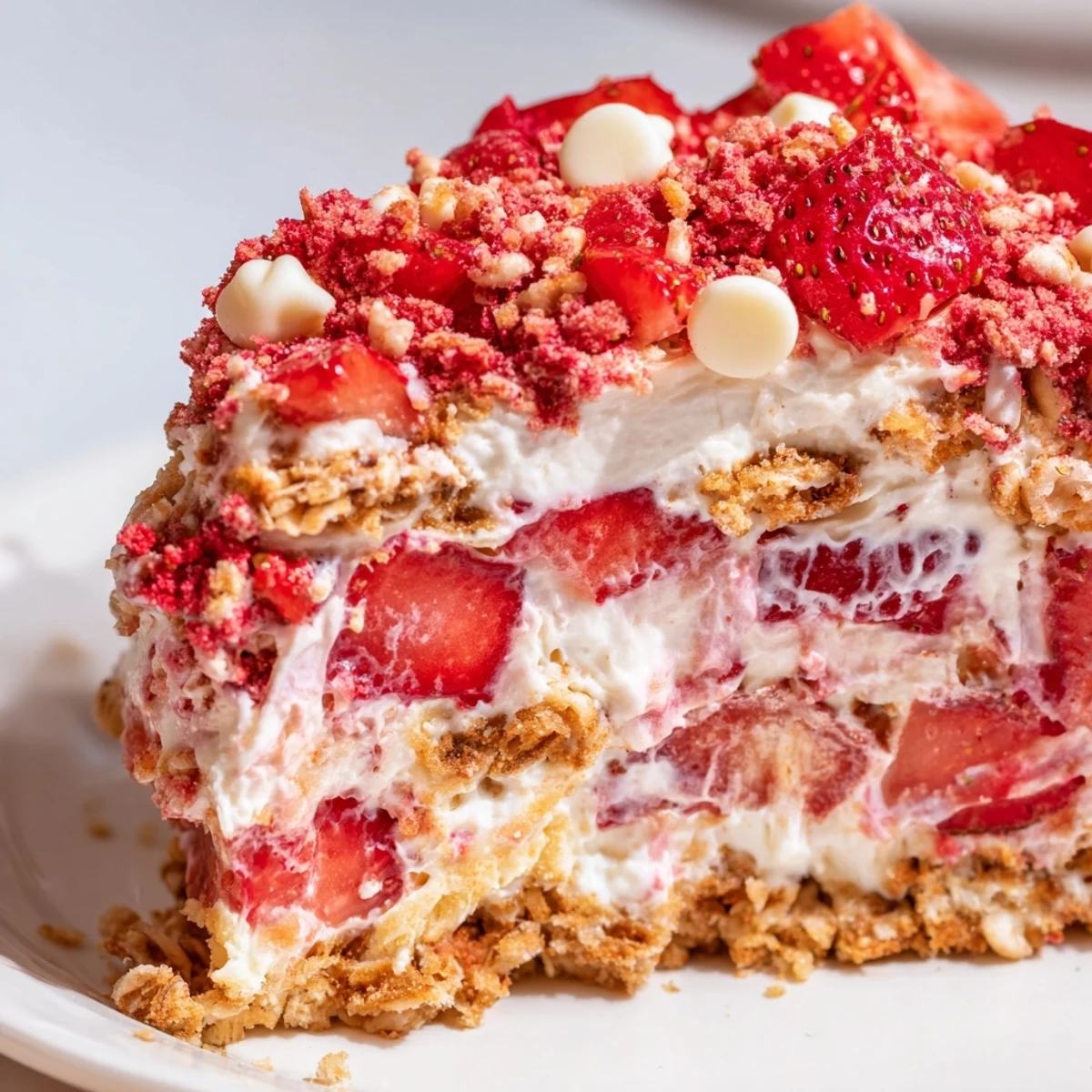 Slice of strawberry cheesecake crunch topped with juicy strawberries and crispy graham cracker crumbs