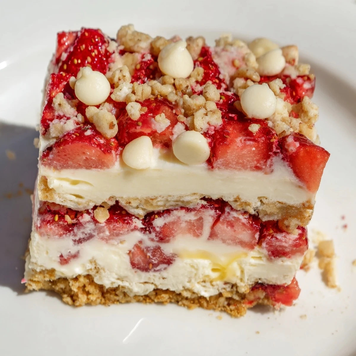 Golden strawberry cheesecake crunch dessert layered with fresh berries and creamy cheesecake filling