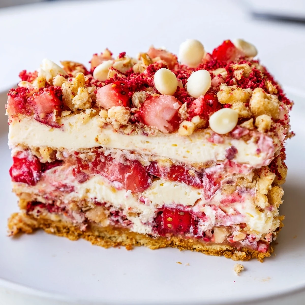 Glass jar layered with strawberry cheesecake crunch featuring whipped cream and sweet strawberry topping