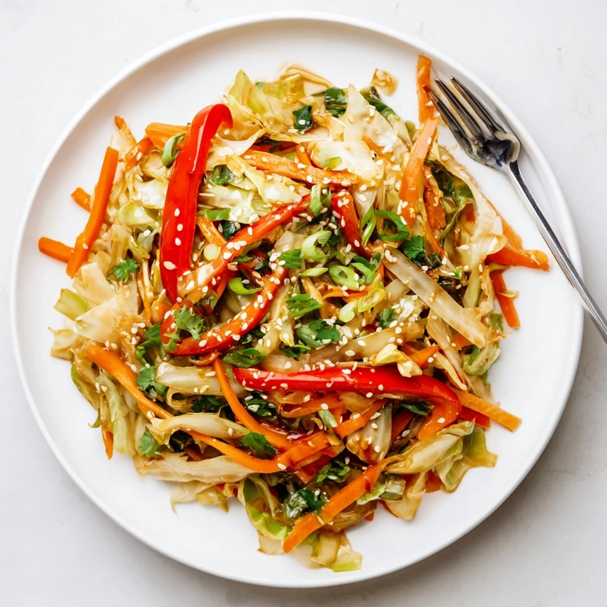 Golden cabbage stir fry with colorful vegetables in a savory glossy sauce