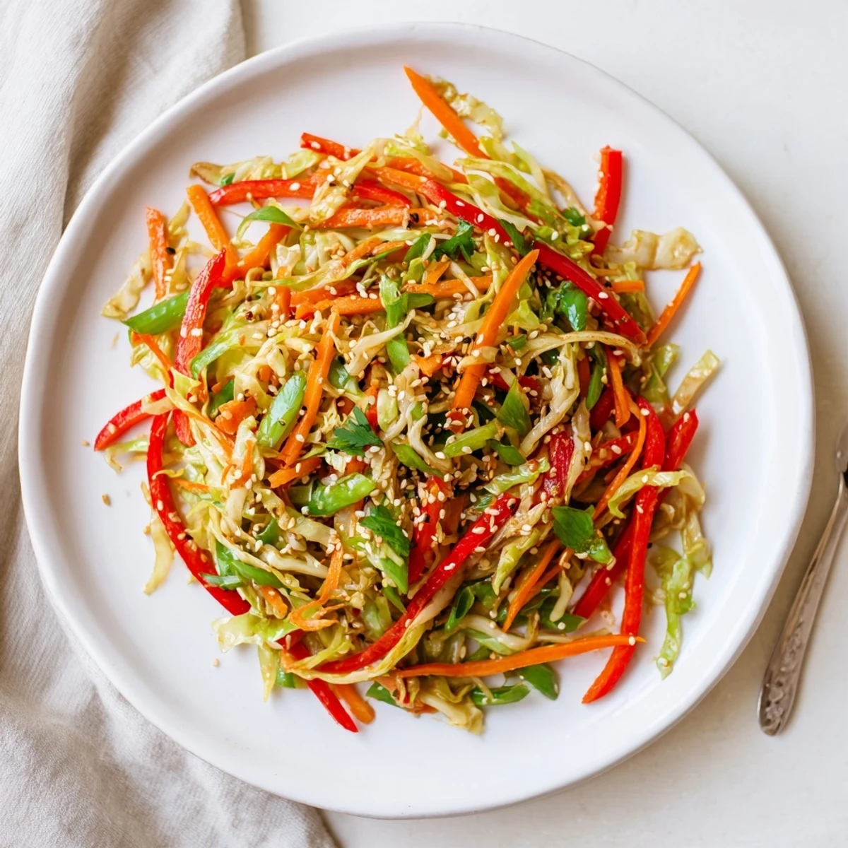 Steamy skillet of cabbage stir fry with bright peppers and caramelized edges