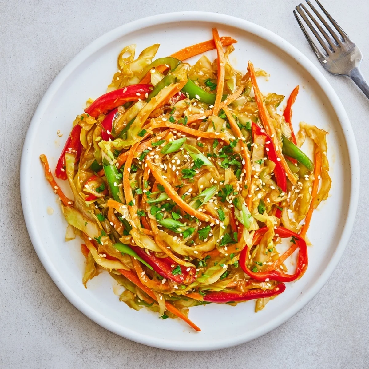 Vibrant Asian-style cabbage stir fry showcasing crisp textures and sesame seed garnish