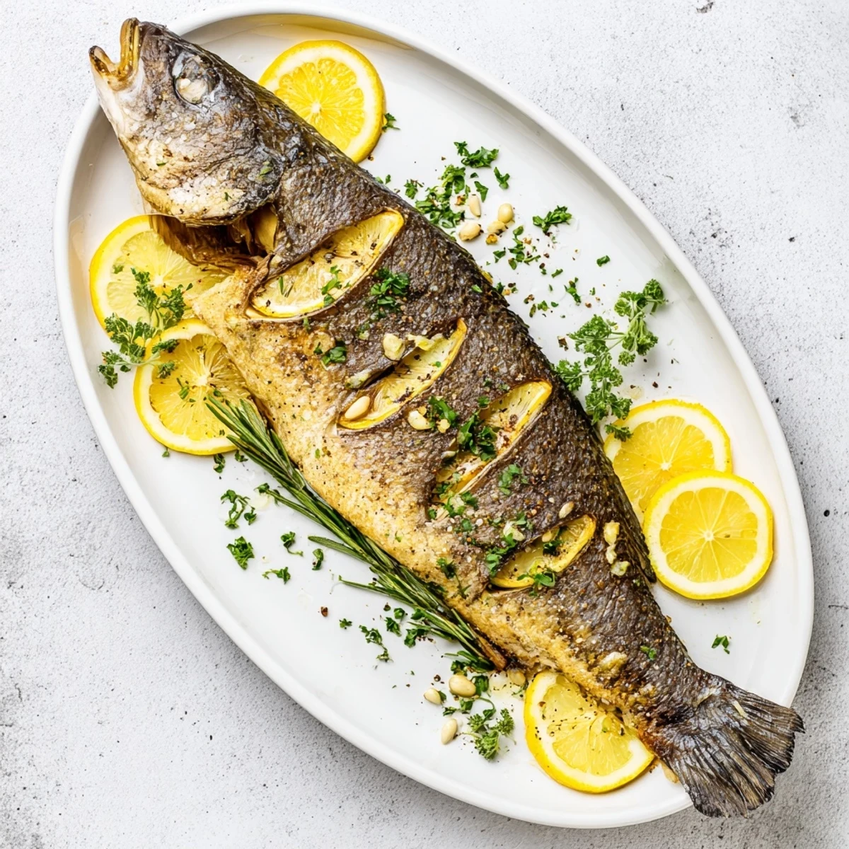 Whole roasted fish with crispy golden skin garnished with fresh parsley and lemon wedges on a serving platter