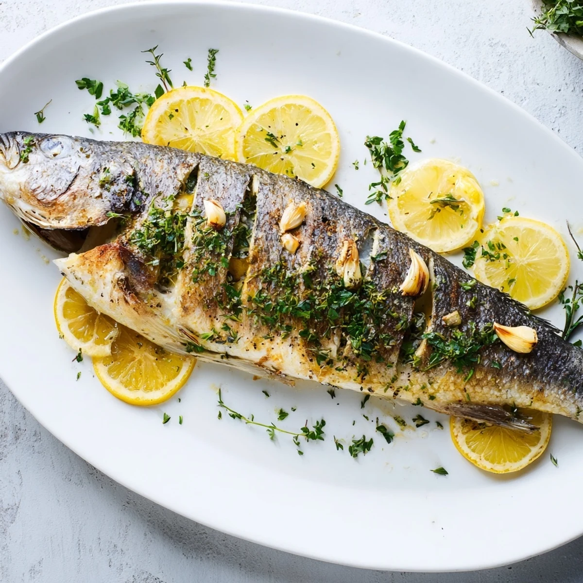 Mediterranean style whole fish baked to perfection with aromatic herbs, garlic, and bright citrus slices