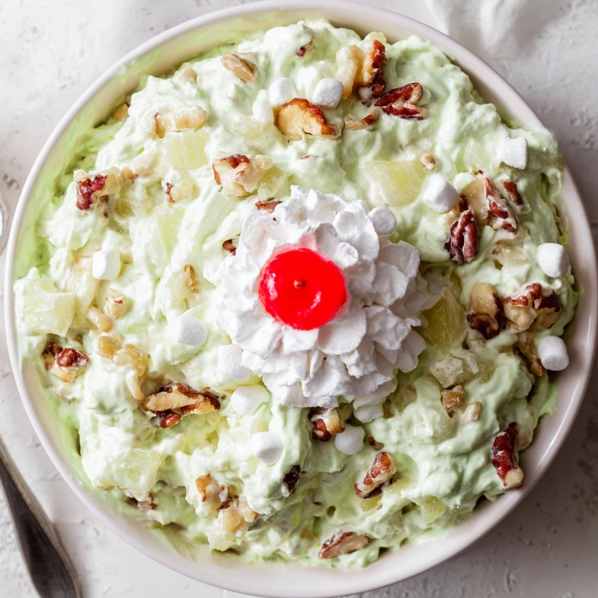 Creamy green Watergate Salad studded with marshmallows and pineapple in a glass serving bowl
