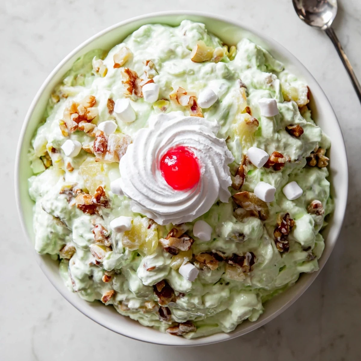 Fluffy pistachio Watergate Salad dessert with whipped topping and colorful mix-ins on white plate