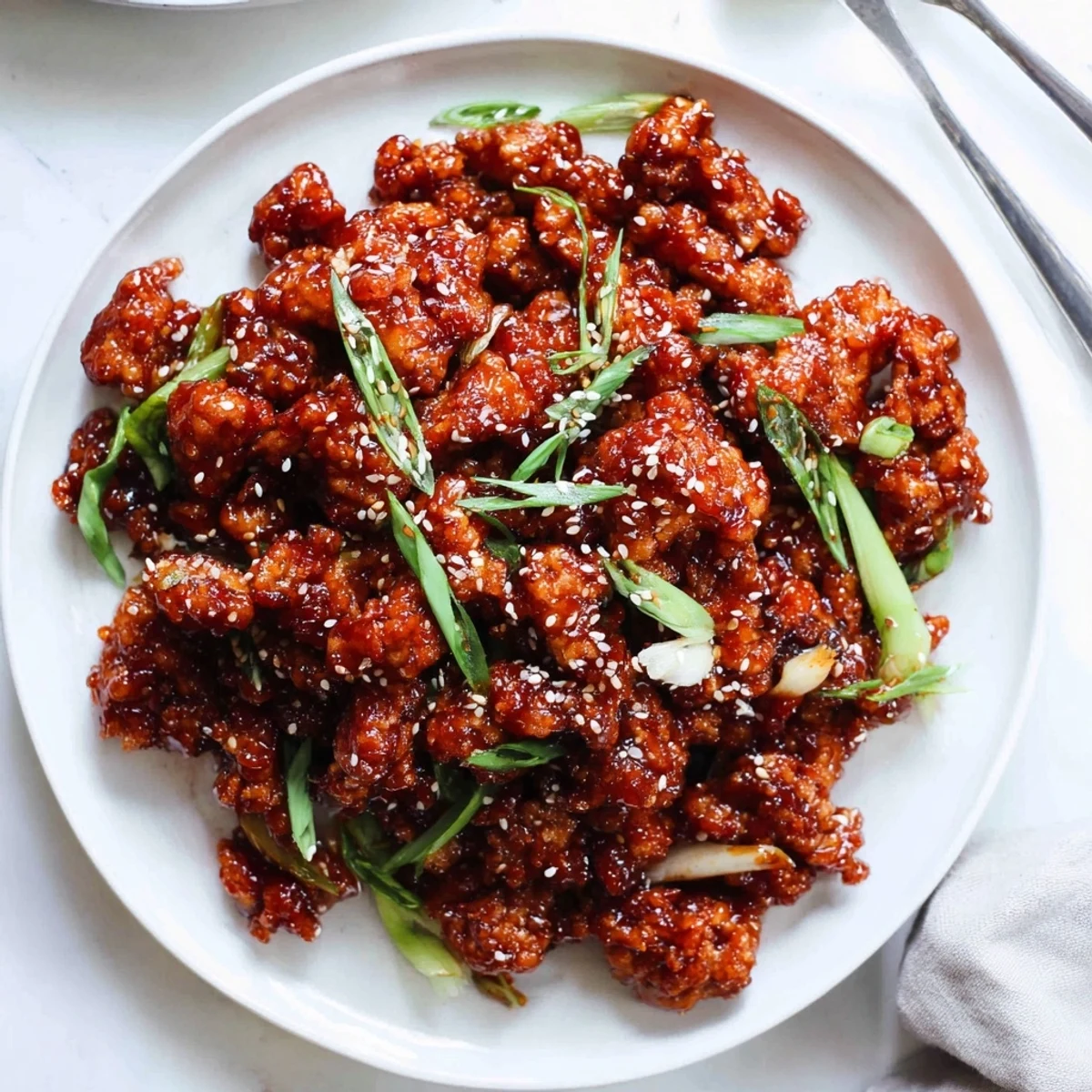 Savory ground chicken simmered in sweet tangy General Tso's sauce with sesame garnish
