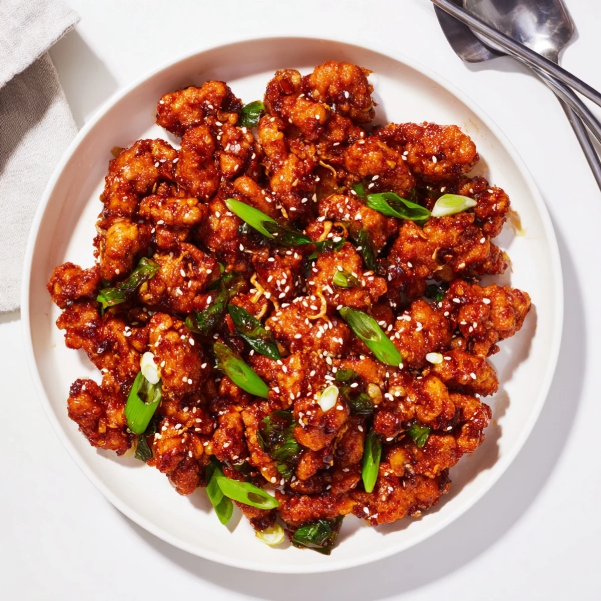 Quick easy ground General Tso's chicken skillet coated in glossy spicy glaze