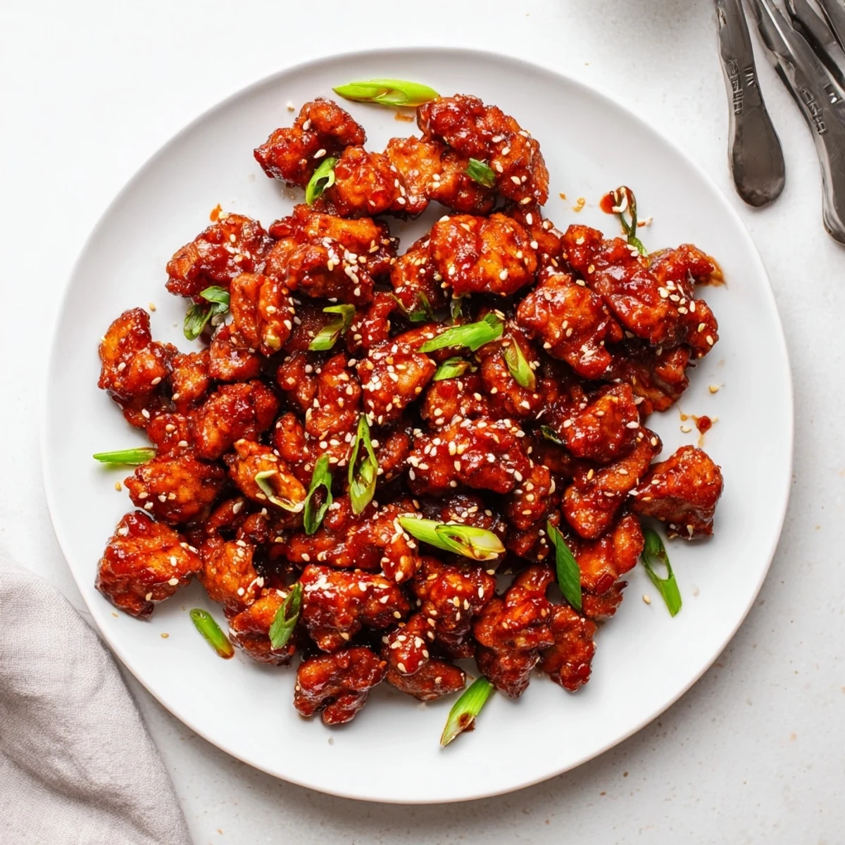Weeknight ground General Tso's chicken recipe served over steamed white rice bowl