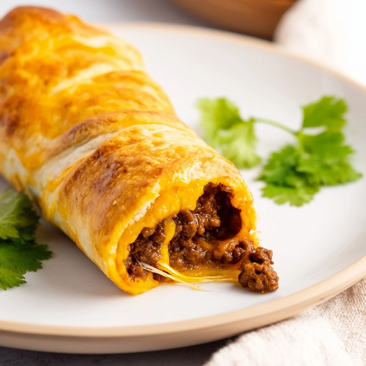 Golden cheesy taco sticks with seasoned beef bursting from flaky baked dough