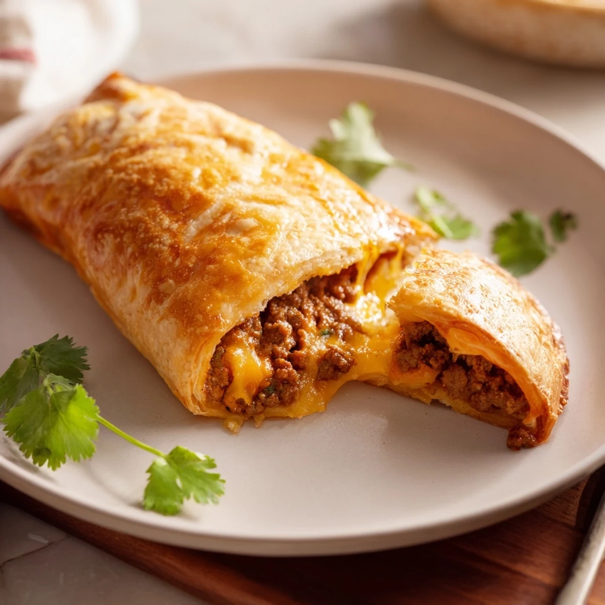 Breadstick snacks filled with melted cheddar and spiced ground beef inside golden crust