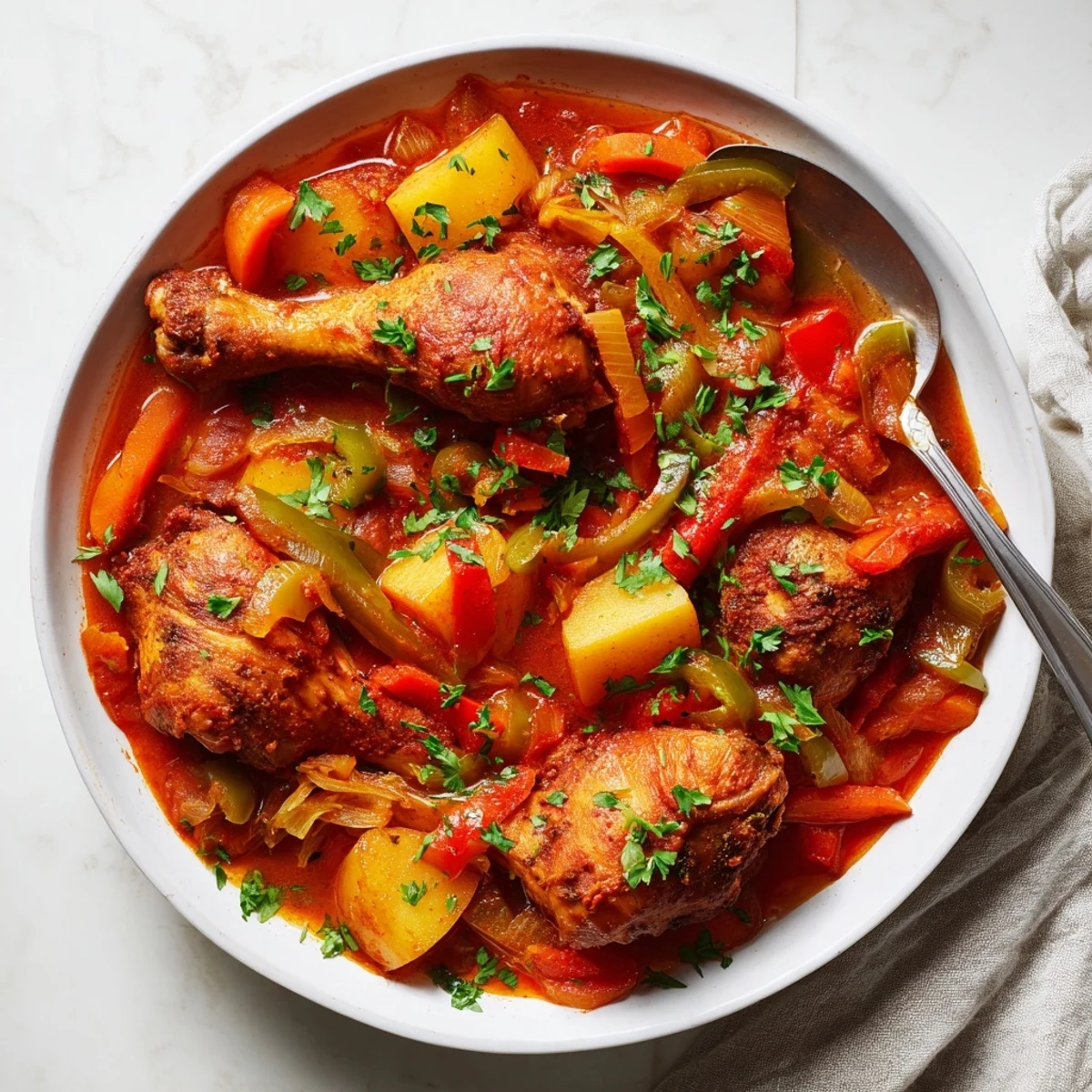 Hearty chicken drumstick stew featuring smoky paprika sauce loaded with vegetables and fresh parsley garnish