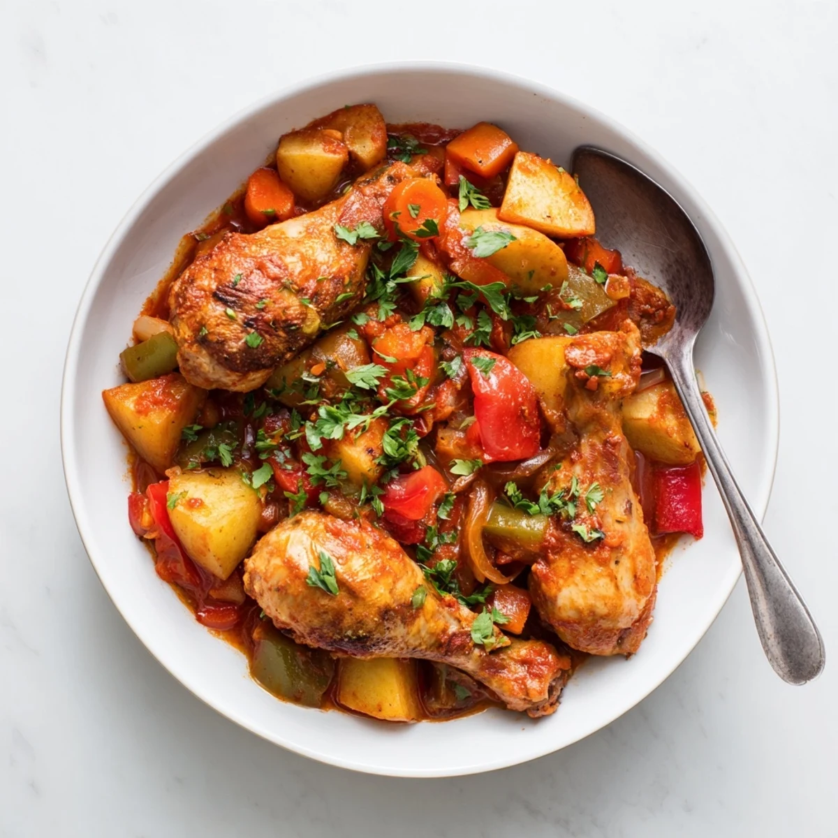 Tender Spanish chicken drumsticks simmered in rustic sauce with potatoes, carrots, and bell peppers