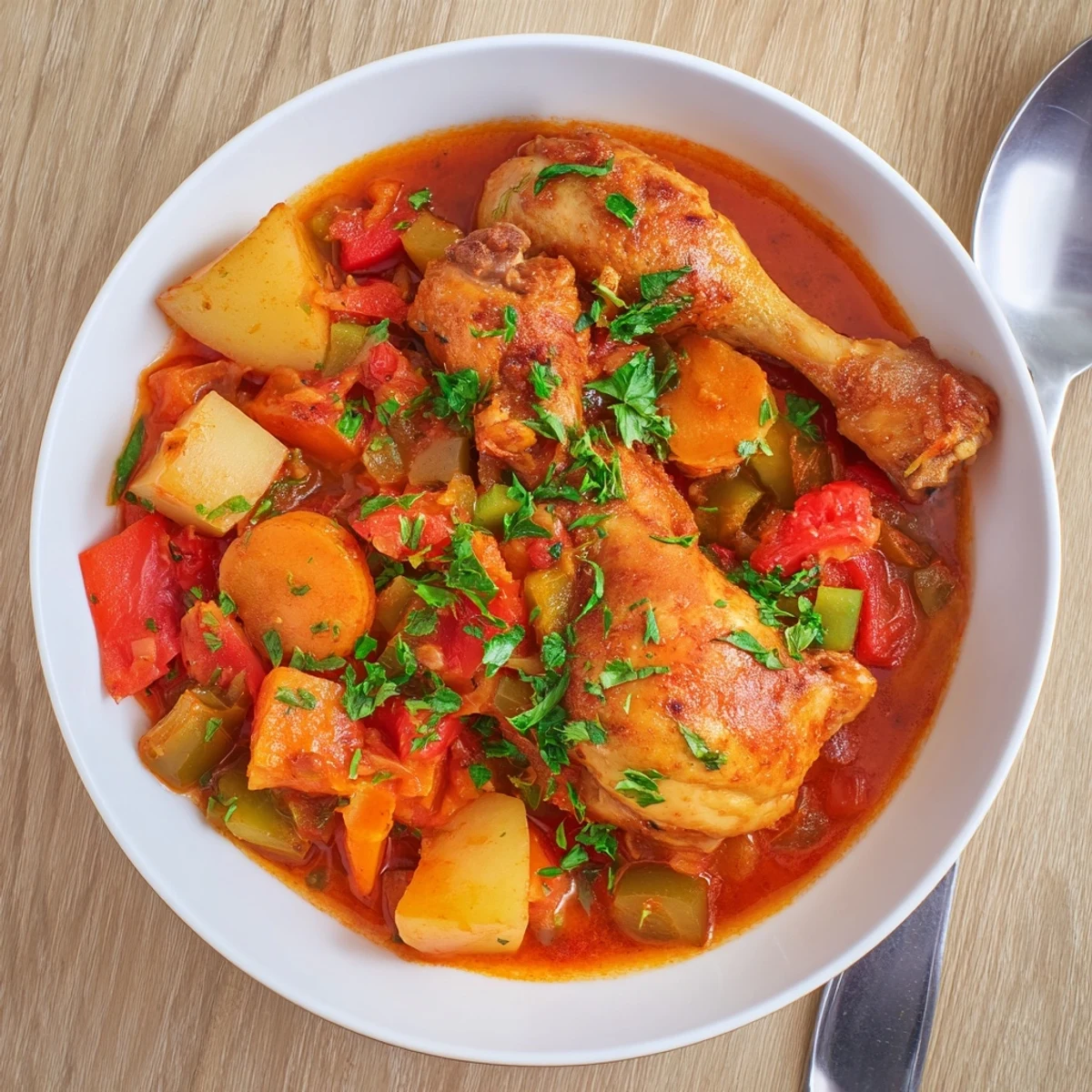 Golden brown chicken drumsticks nestled in a rich tomato and paprika stew with colorful vegetables
