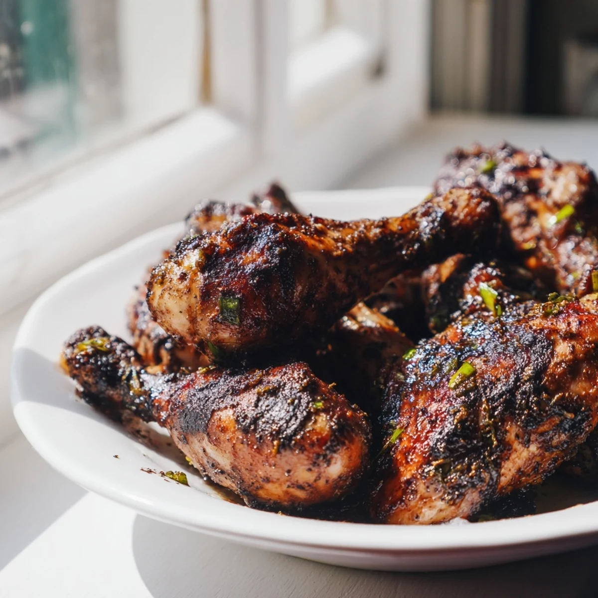 Plate of aromatic Jamaican Jerk Chicken garnished with fresh parsley and lime wedges