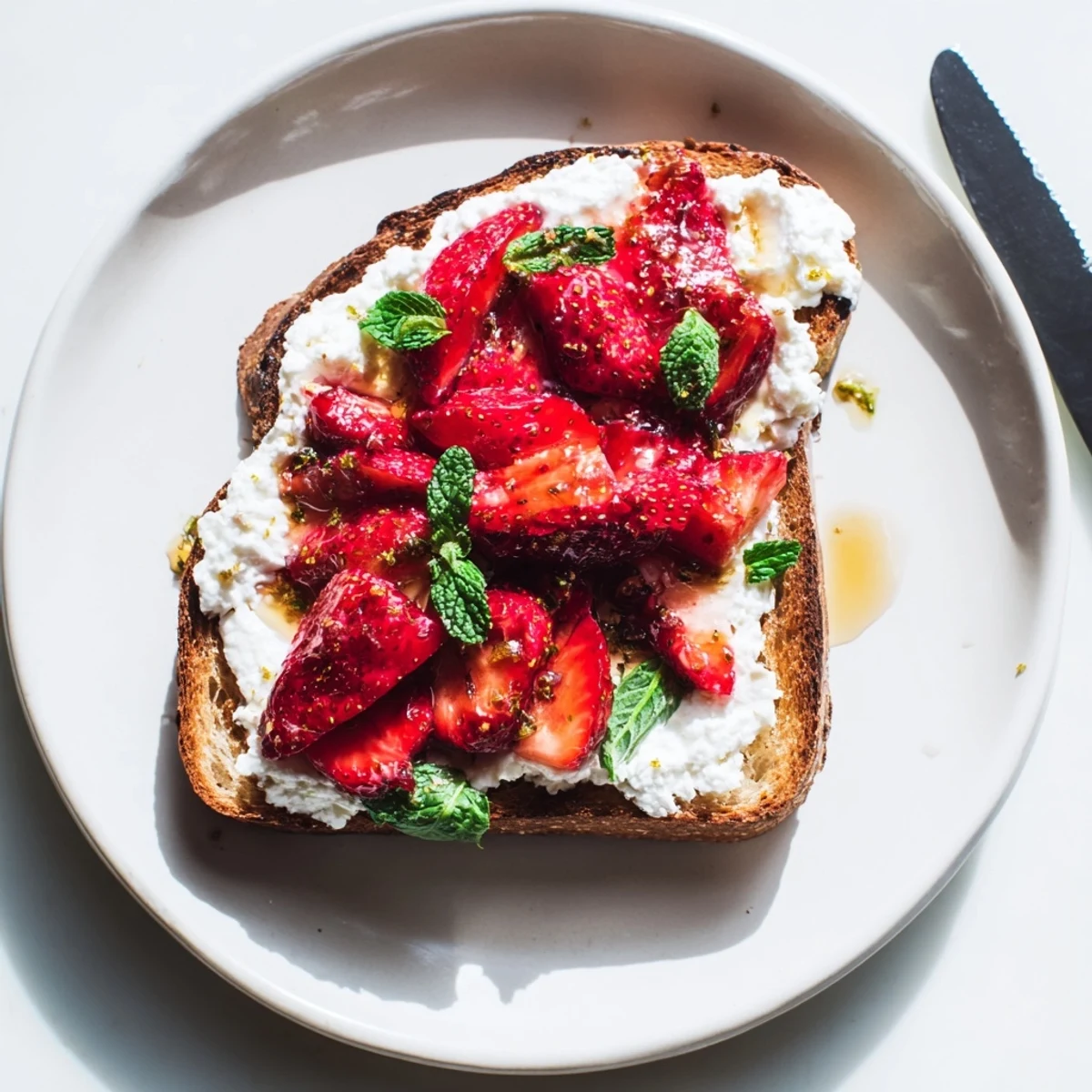 Golden sourdough toast piled high with fluffy whipped ricotta and sweet roasted strawberries drizzled with honey