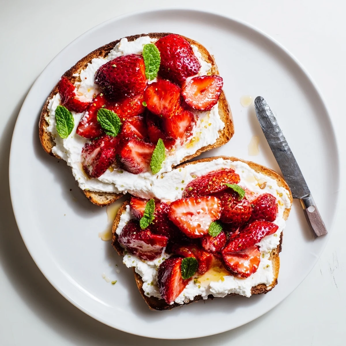 Brunch plate showcasing roasted strawberry whipped ricotta toast garnished with fresh mint and extra honey glaze
