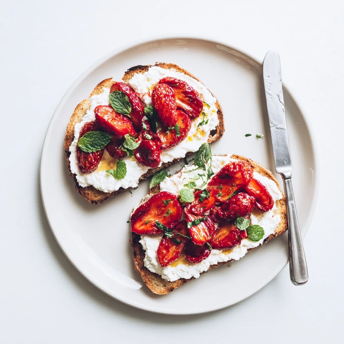 Roasted strawberry whipped ricotta toast featuring juicy berries atop creamy lemon-zested cheese spread on buttered bread