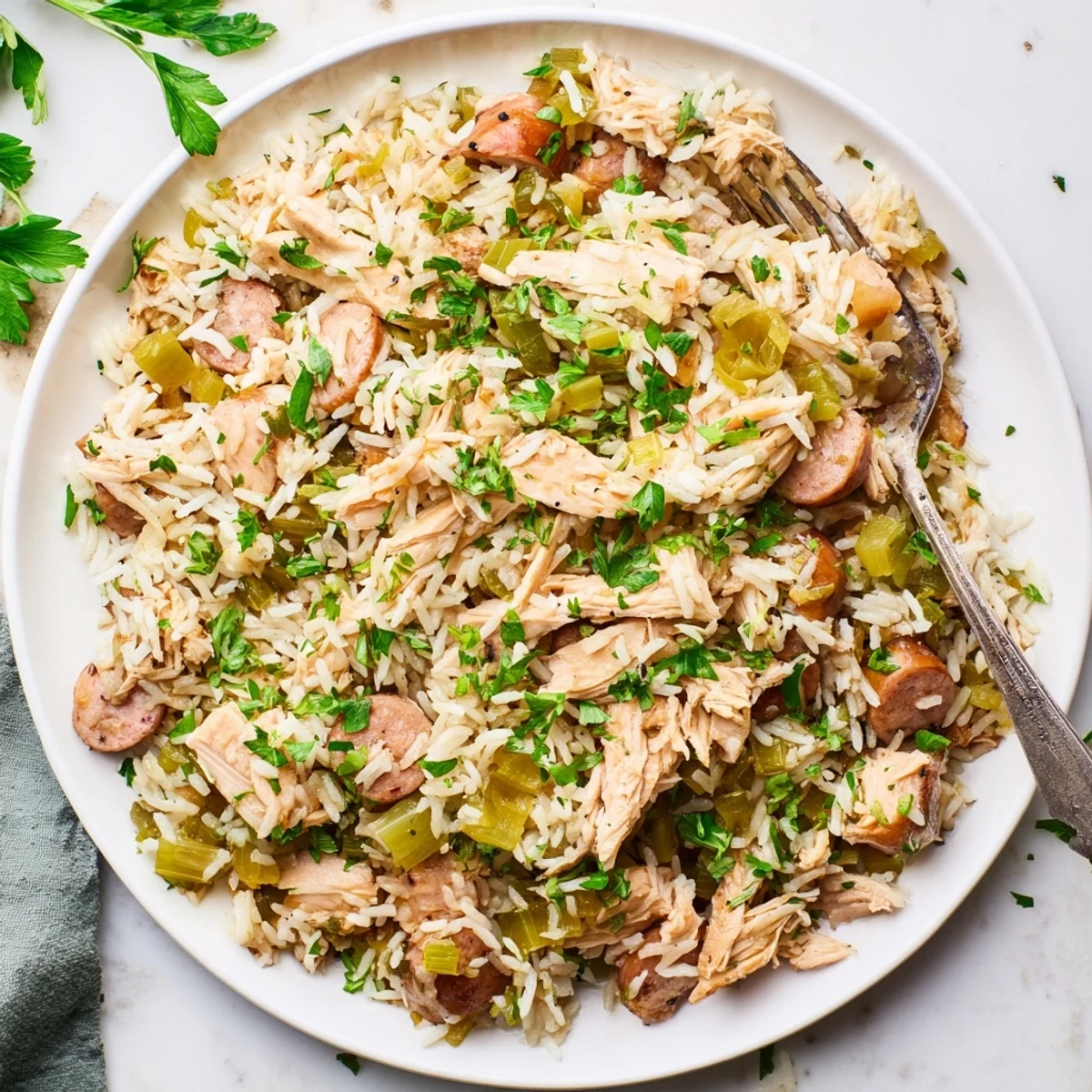 Southern Chicken Bog steaming in a bowl with tender chicken, smoked sausage, and fluffy rice