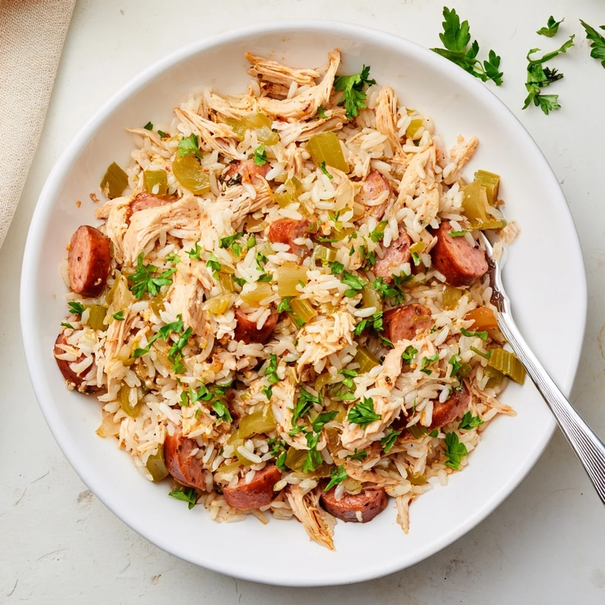 Hearty Chicken Bog plated with shredded chicken, sliced sausage, and garnish of fresh parsley