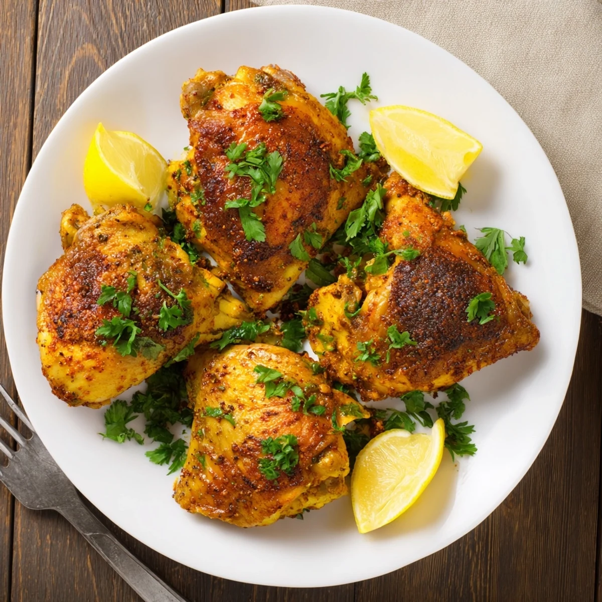 Juicy chicken thighs glazed in Moroccan spices, fresh cilantro, and lemon wedges