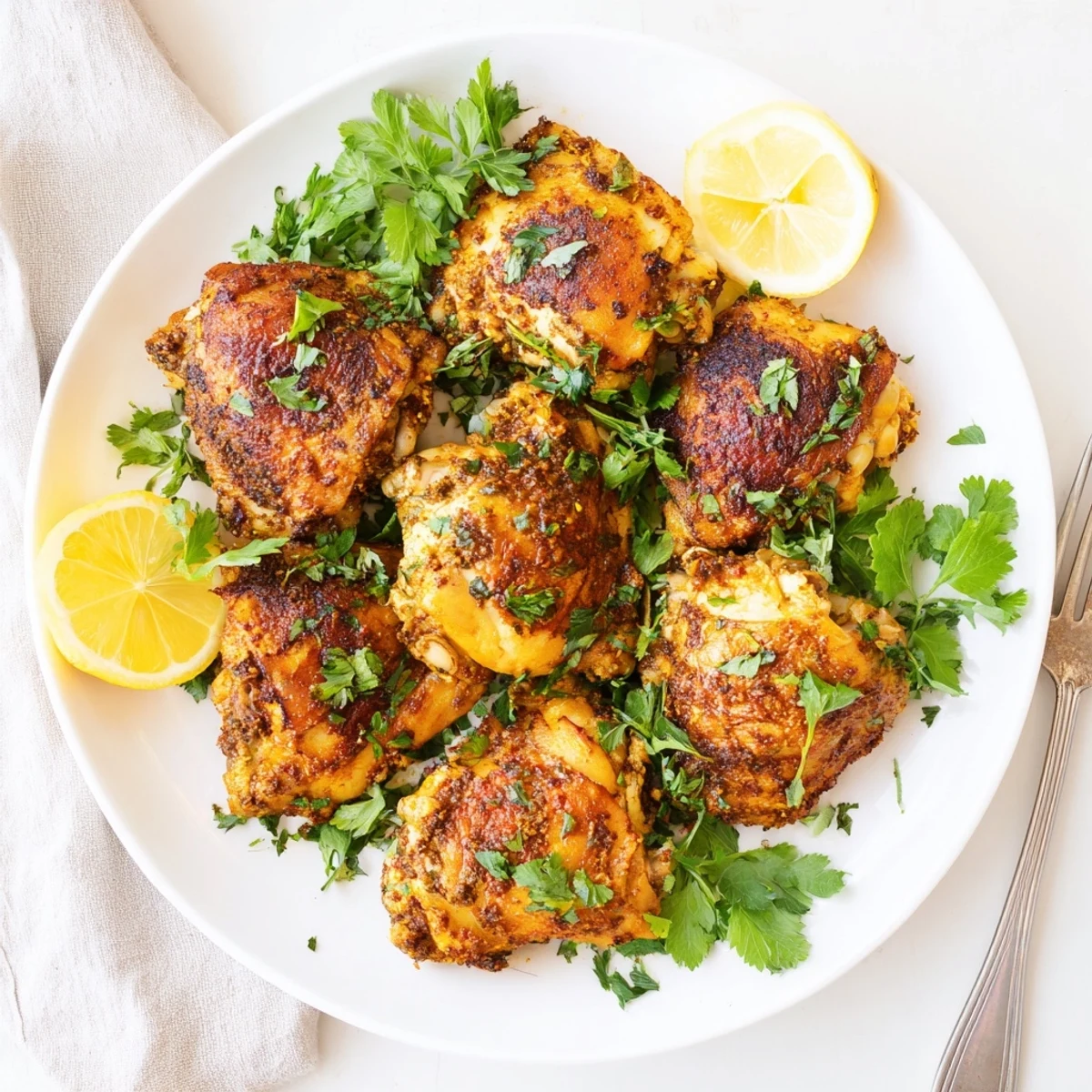 Golden roasted Moroccan spiced chicken thighs with crispy skin and aromatic seasoning