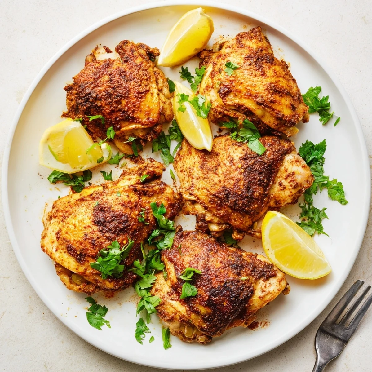 Oven-baked Moroccan spiced chicken thighs plated with couscous and bright citrus garnish