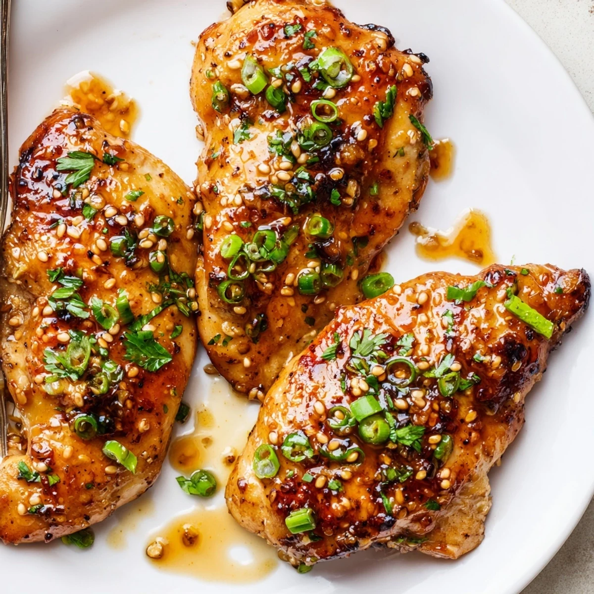 Glossy Sweet And Sticky Honey Butter Chicken Thighs garnished with green onions