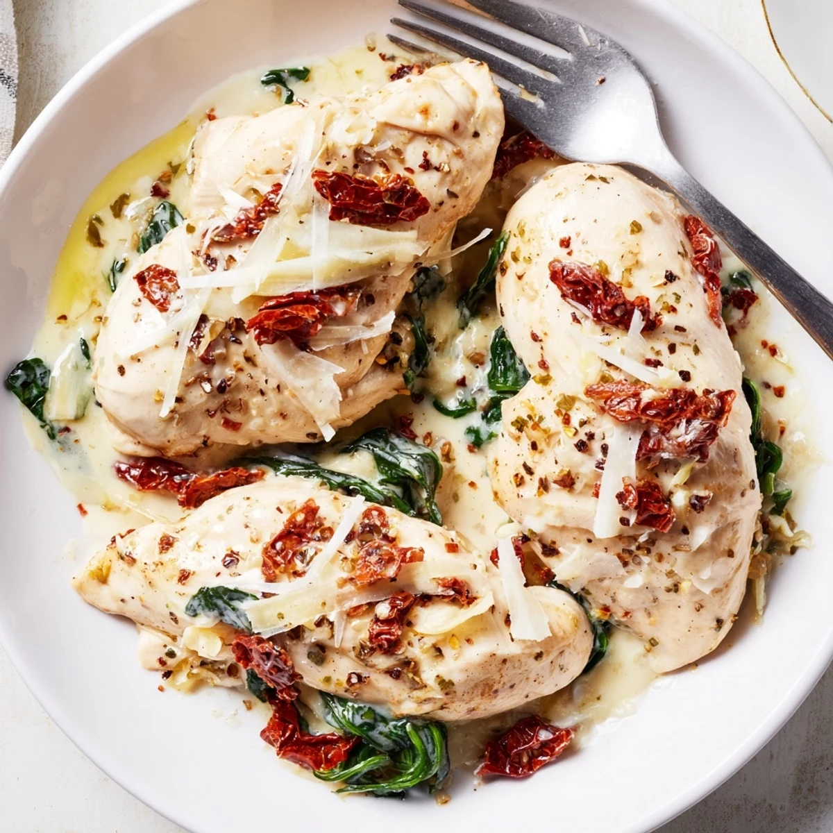 Creamy sauce coats Slow Cooker Tuscan Chicken with wilted spinach and parmesan