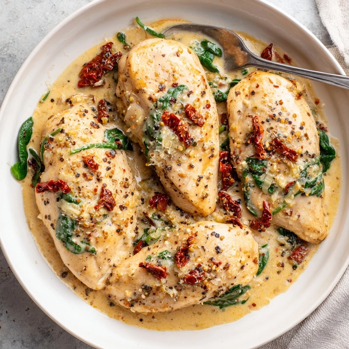 Slow Cooker Tuscan Chicken served over pasta with creamy sauce, ready to spoon