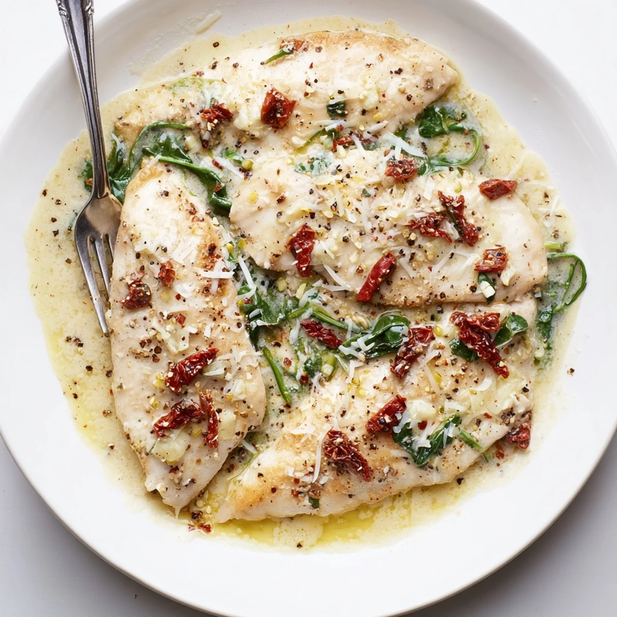 Slow Cooker Tuscan Chicken tender breasts topped with sun dried tomatoes, garlicky aroma