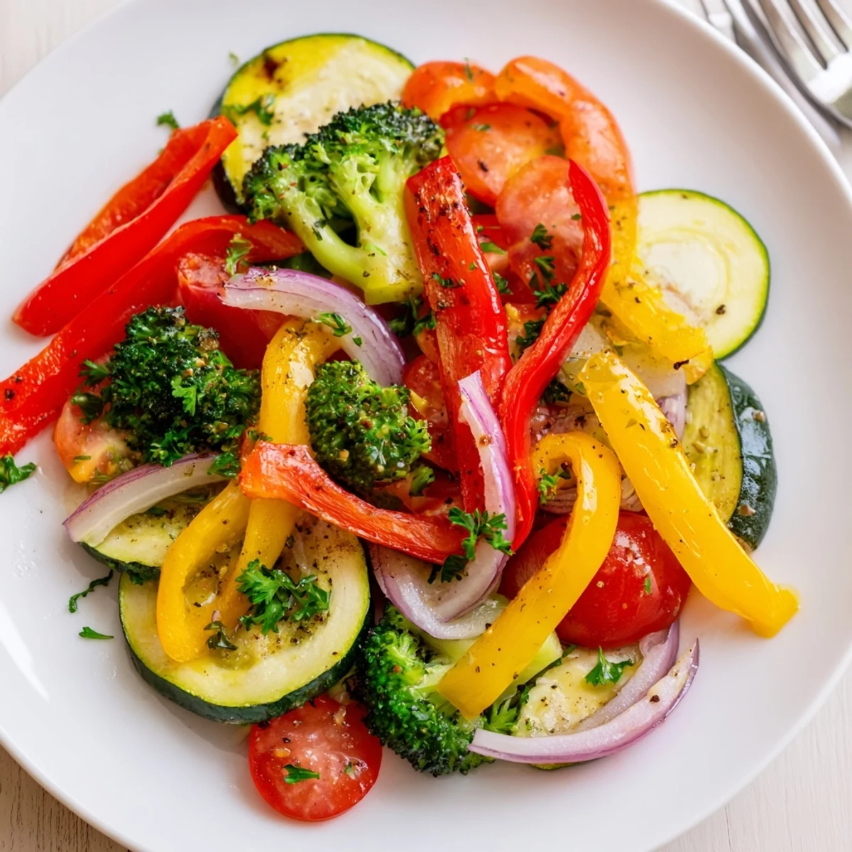 Garlic Infused Olive Oil Sauteed Veggies sizzling in skillet, bright colors, aromatic