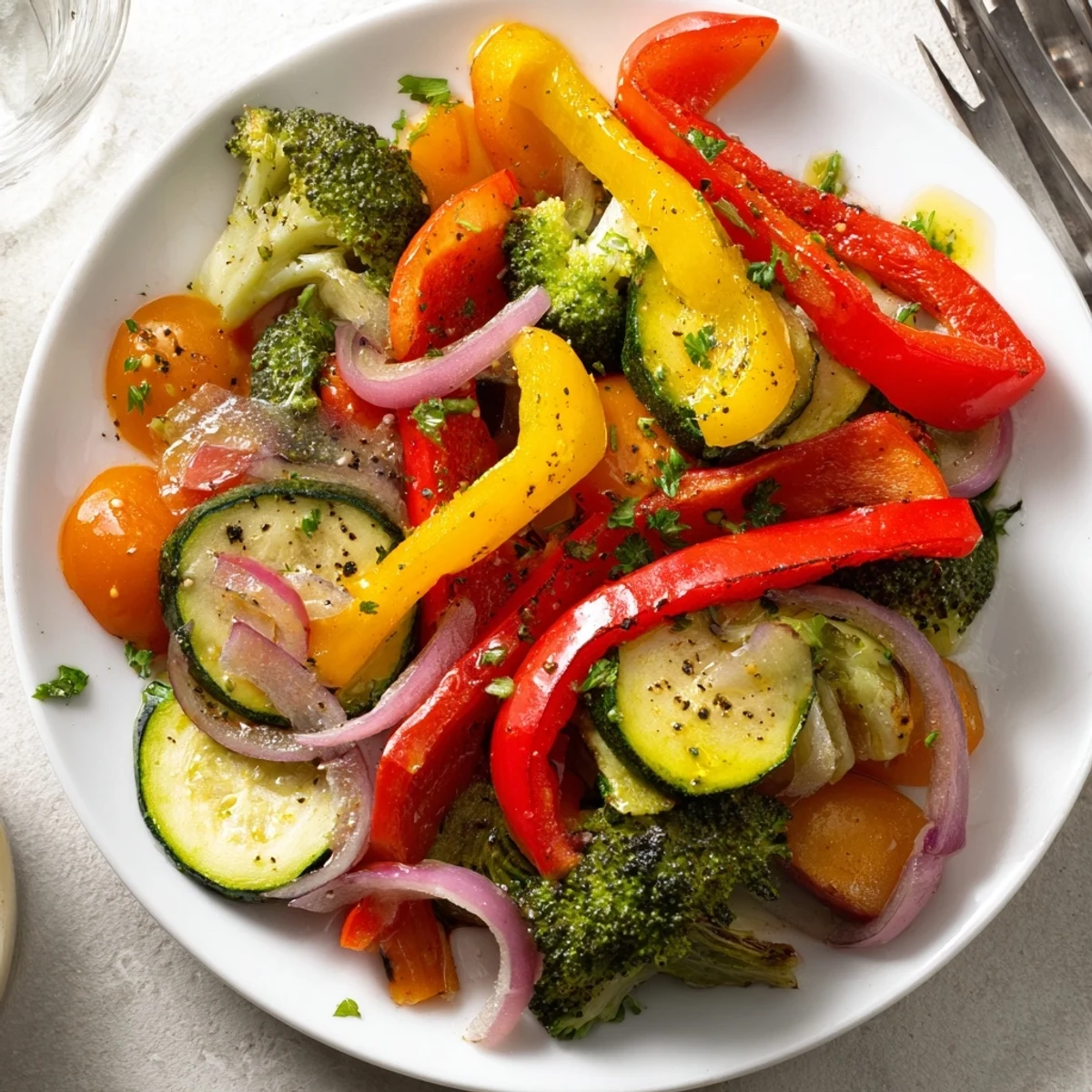 Colorful Garlic Infused Olive Oil Sauteed Veggies paired with grilled chicken or fish