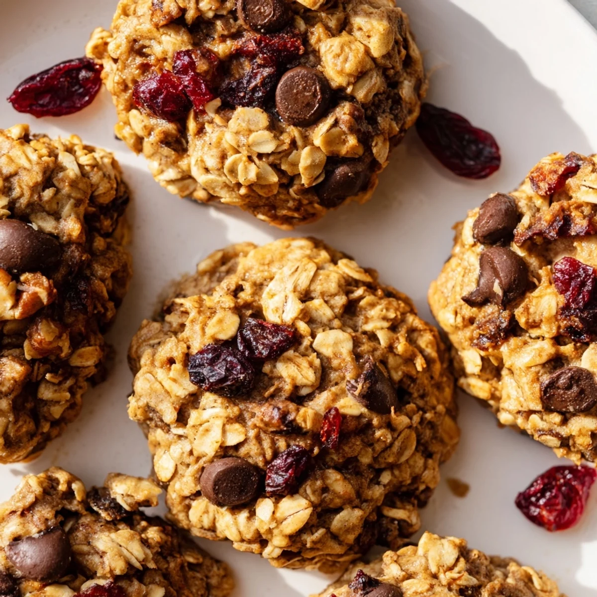 Golden brown healthy breakfast cookies with visible oats, nuts, and dried cranberries on a wire cooling rack