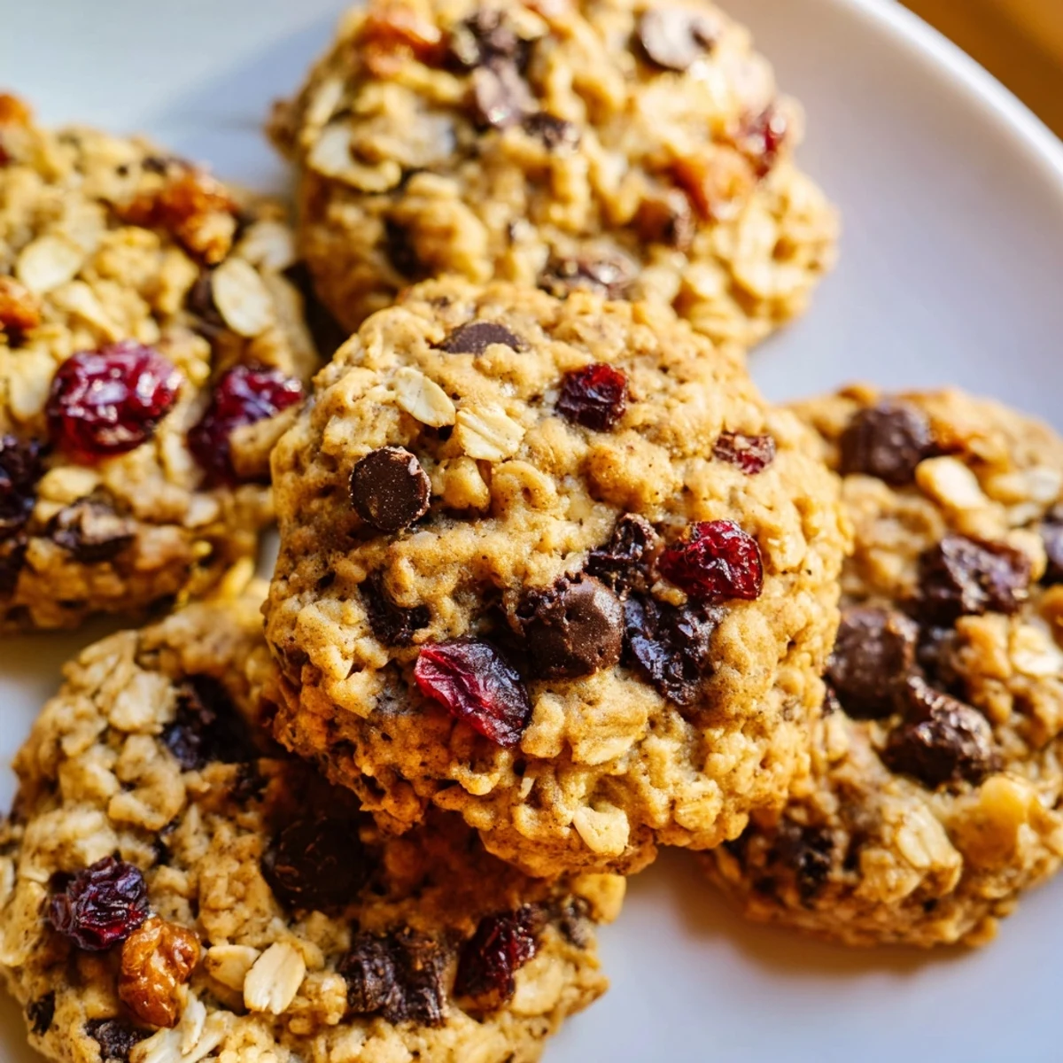 Chewy wholesome healthy breakfast cookies stacked on a wooden board with banana and chocolate chip chunks