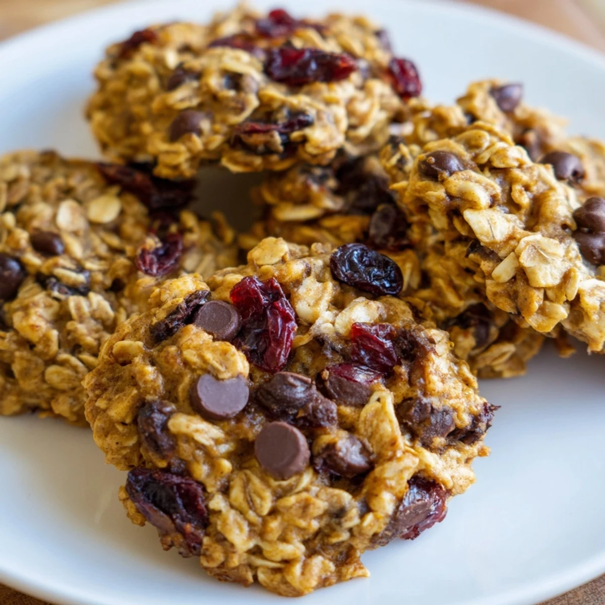 Batch of freshly baked healthy breakfast cookies with walnuts and oats arranged on parchment paper