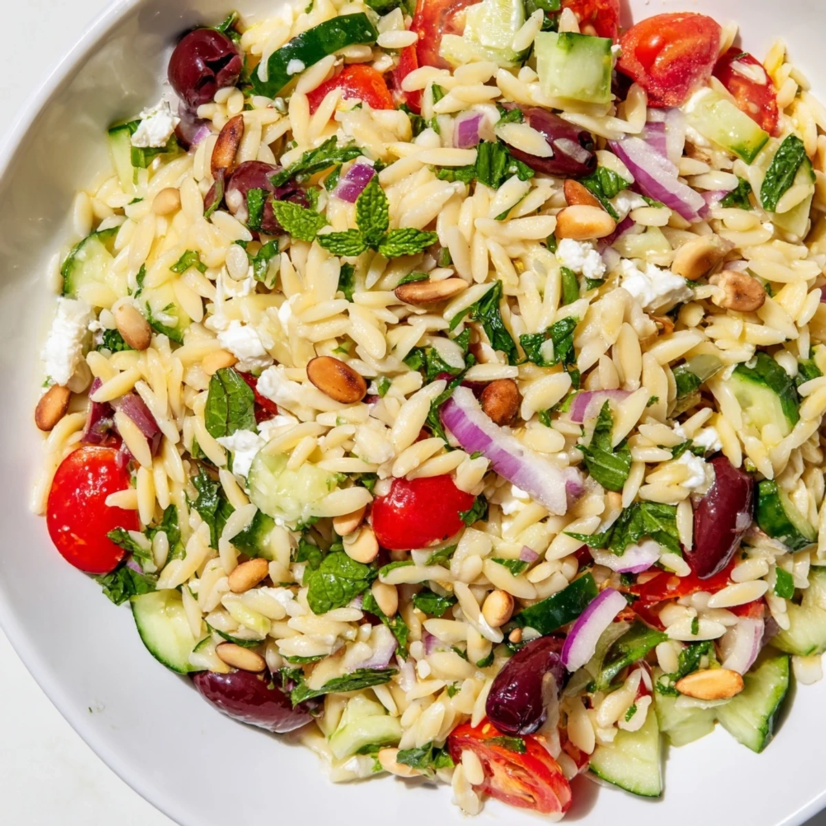 Colorful Mediterranean orzo power salad topped with crumbled feta and fresh cherry tomatoes