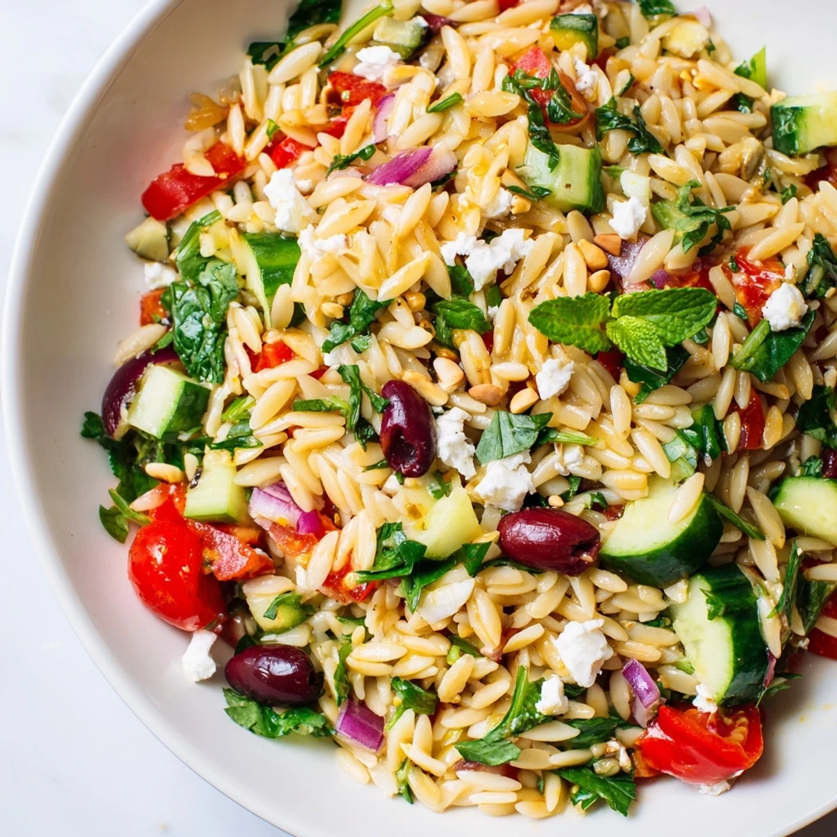 Fresh Mediterranean orzo power salad dressed in lemon-oregano vinaigrette with toasted pine nuts