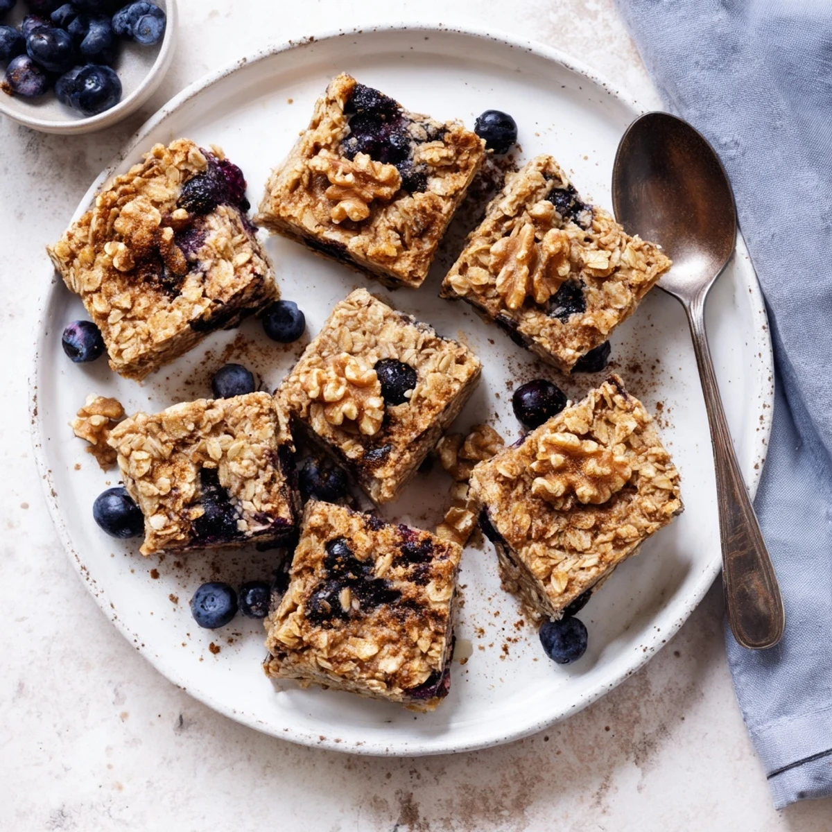 Golden brown baked oatmeal with fresh blueberries sprinkled on top in a square white baking dish