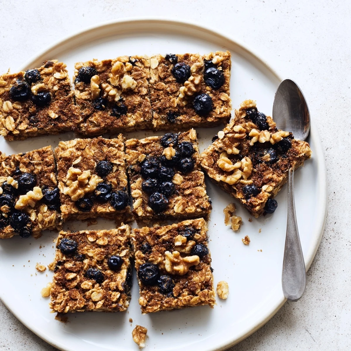 Warm baked oatmeal casserole with walnuts and cinnamon baked until perfectly set and golden