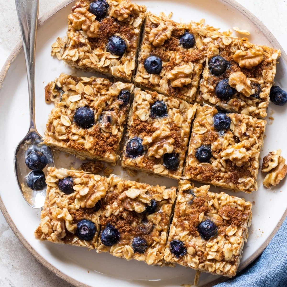 Sliced baked oatmeal square topped with fresh banana slices and a drizzle of maple syrup