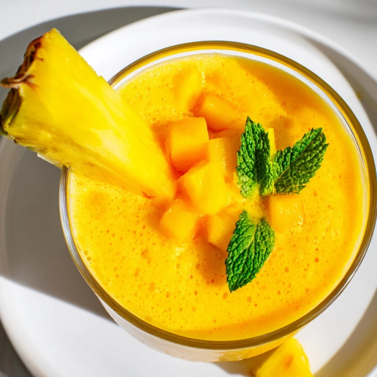 Creamy tropical pineapple mango smoothie recipe poured into glasses with fresh fruit garnish and mint sprigs