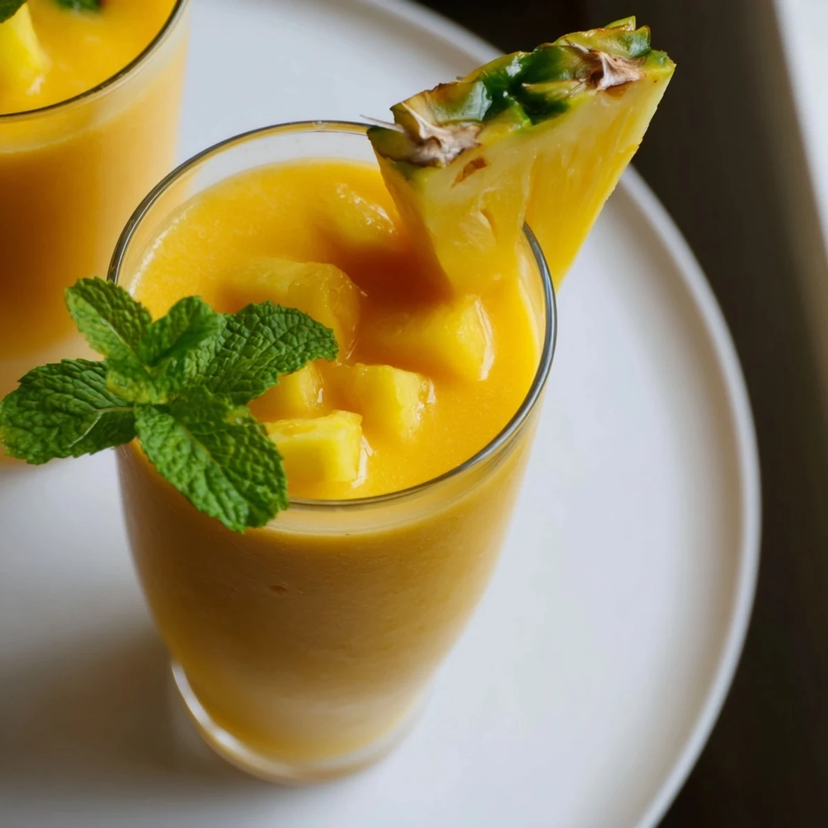 Thick vibrant pineapple mango smoothie recipe blended with coconut milk and topped with tropical fruit slices